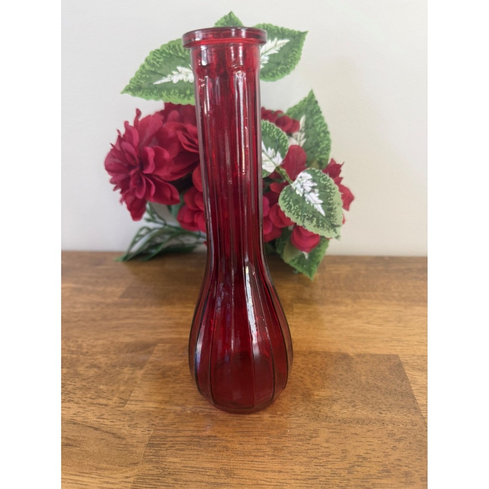 Vintage Ruby Red Ribbed Glass Vase Retro Mid Century Decor Retro Floral Styling